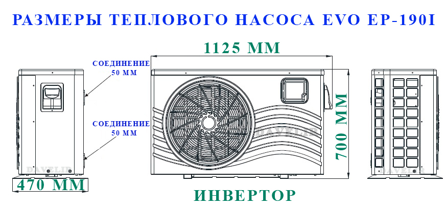 Размеры инверторного теплового насоса для бассейна EVO EP-190I Размеры теплового насоса EVO EP-190I